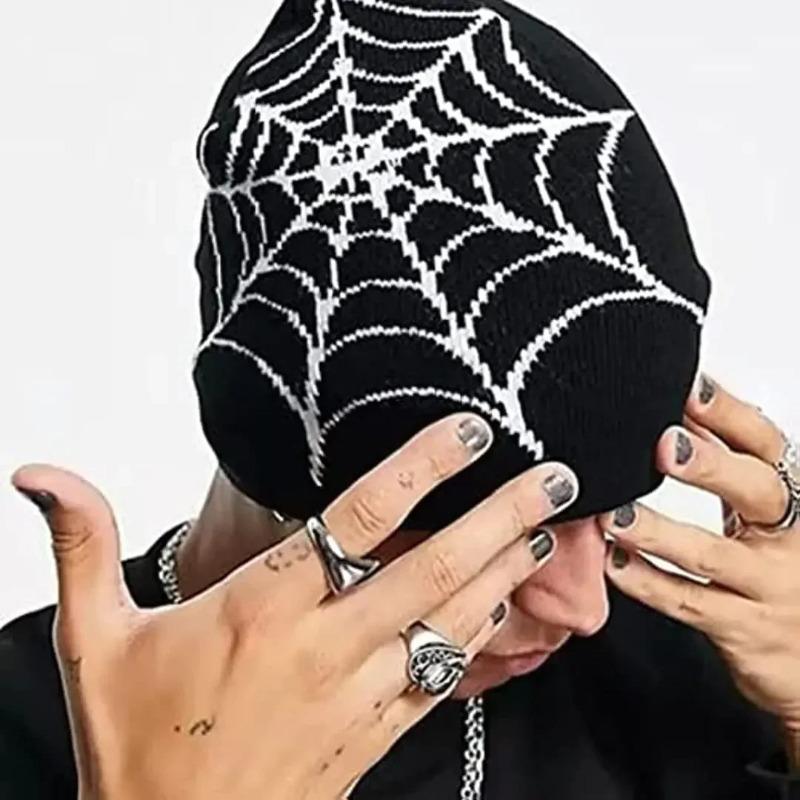 Retro Gothic Spider Web Jacquard Beanie for Women Men Caps Unisex Knitted Warmer Hip Hop Unisex Elastic Knit Hat Skull Cap