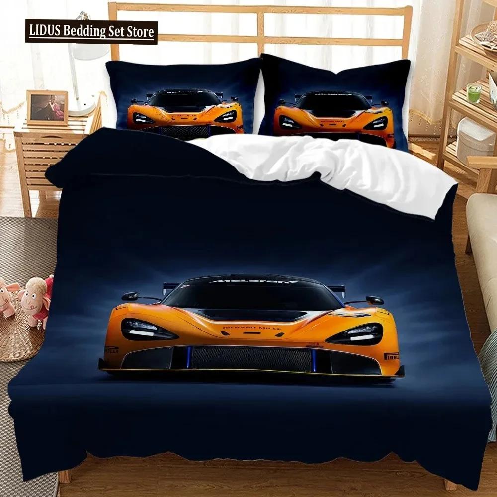 Racerbil Påslakanset King Queen Twin Storlek Röd Flamma Täcke Överdrag 3D Sportbilstema För Pojkar Flicka Polyester Sängkläder Set