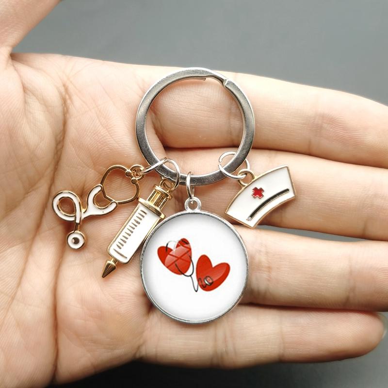 Paint Fashion Creative Nurse Medical Syringe Stethoscope Image Keychain Glass Suitable Nurses and Doctors Key Ring Pendant Gift