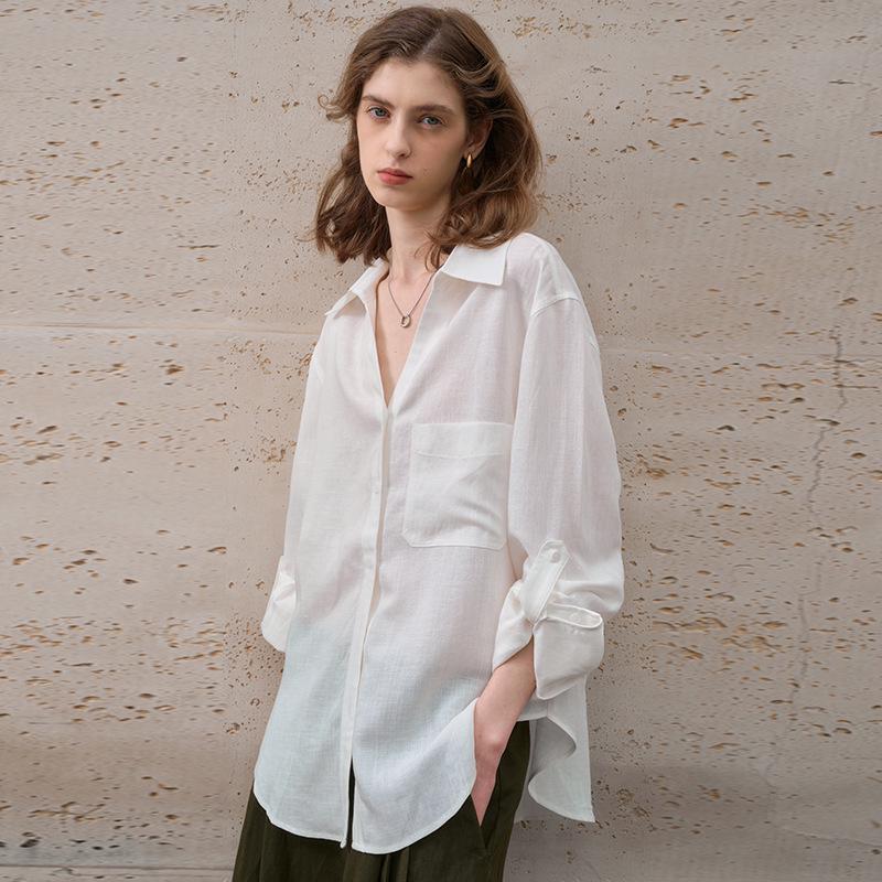 Women's Lightweight Pure Linen Long Sleeve Cardigan Shirt - Minimalist, Solid Color, Loose Fit, Summer Lapel Style