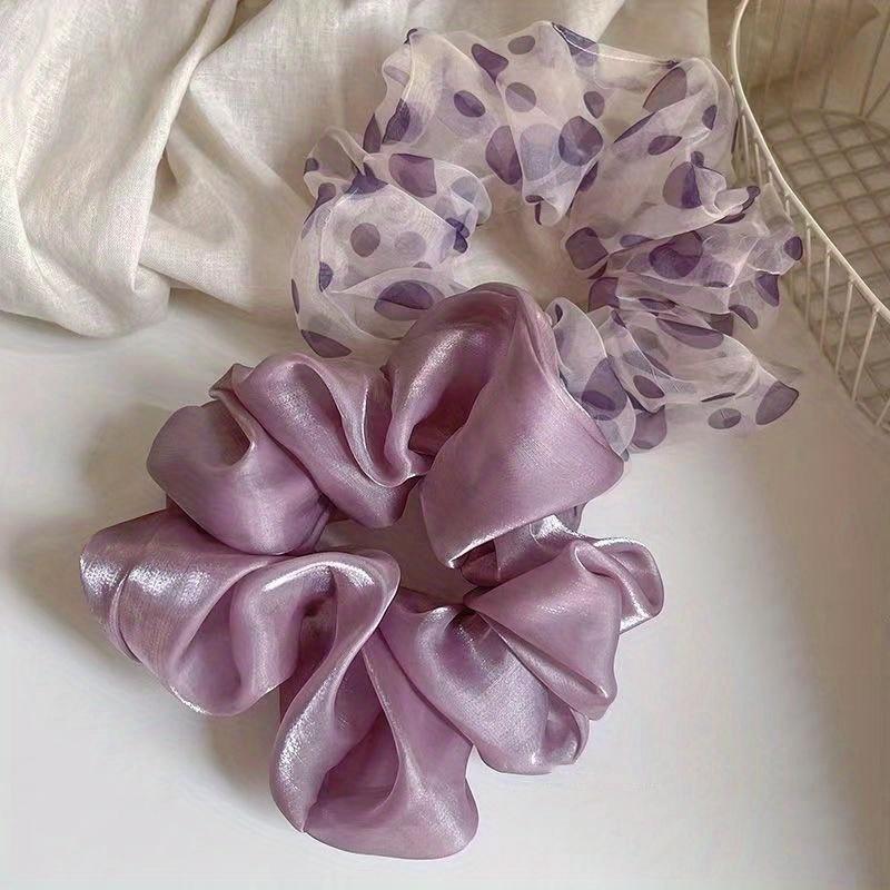 Purple Polka Dots Scrunchies, Double Purple Color Hair Tie Retro Fashionable Hair Band Large Rubber Band Silk Yarn Women Hair Accessories фиолетовый