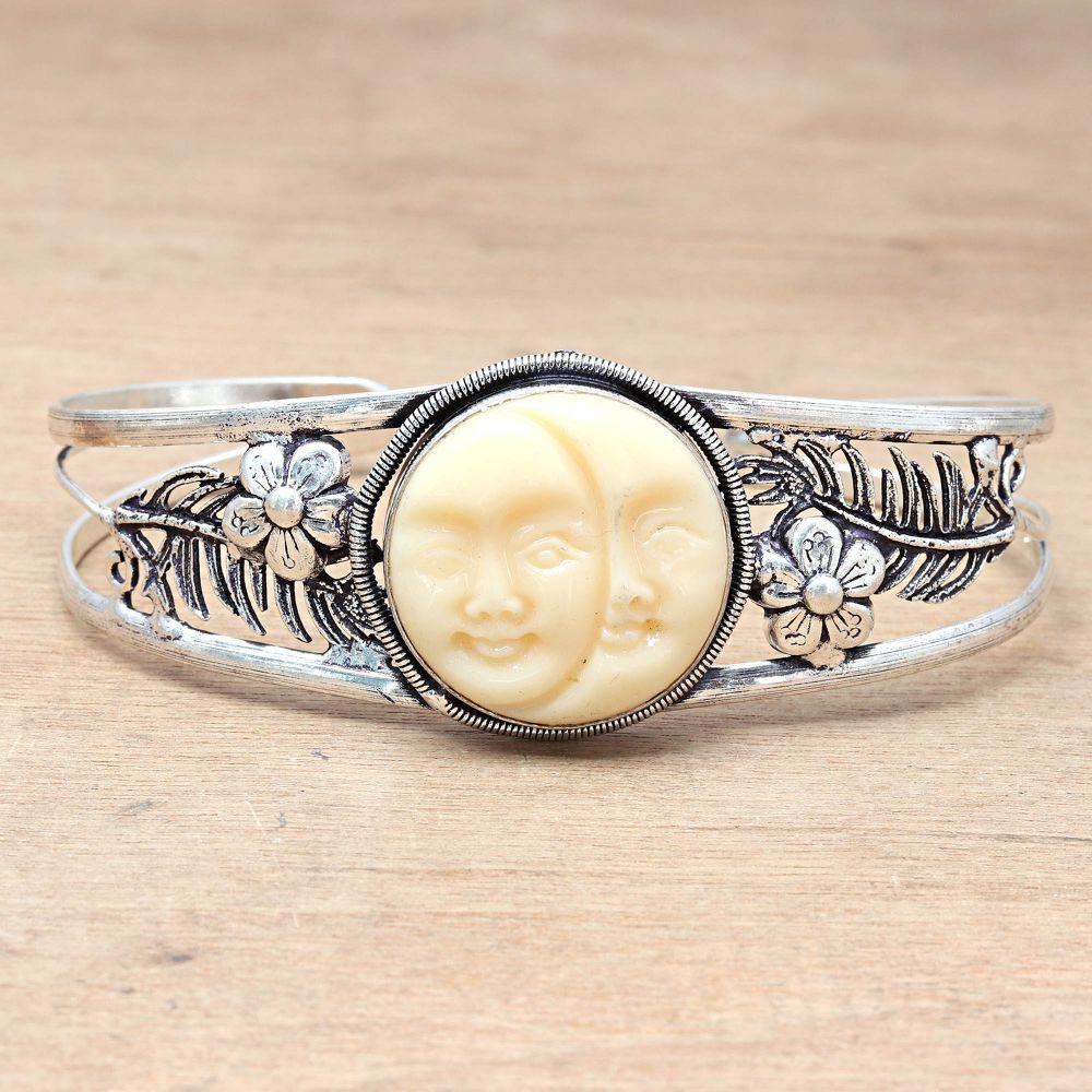 Brown Cameo Face Gemstone Ethnic Silver Jewelry Cuff Bracelets 7''Adjustable