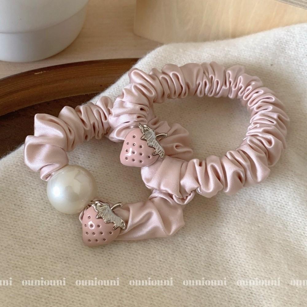 Cute Strawberry Mousse Powder Hair Tie Small Intestine Satin Pleated Hair Band High Elastic Comfortable Hair Accessories Woman