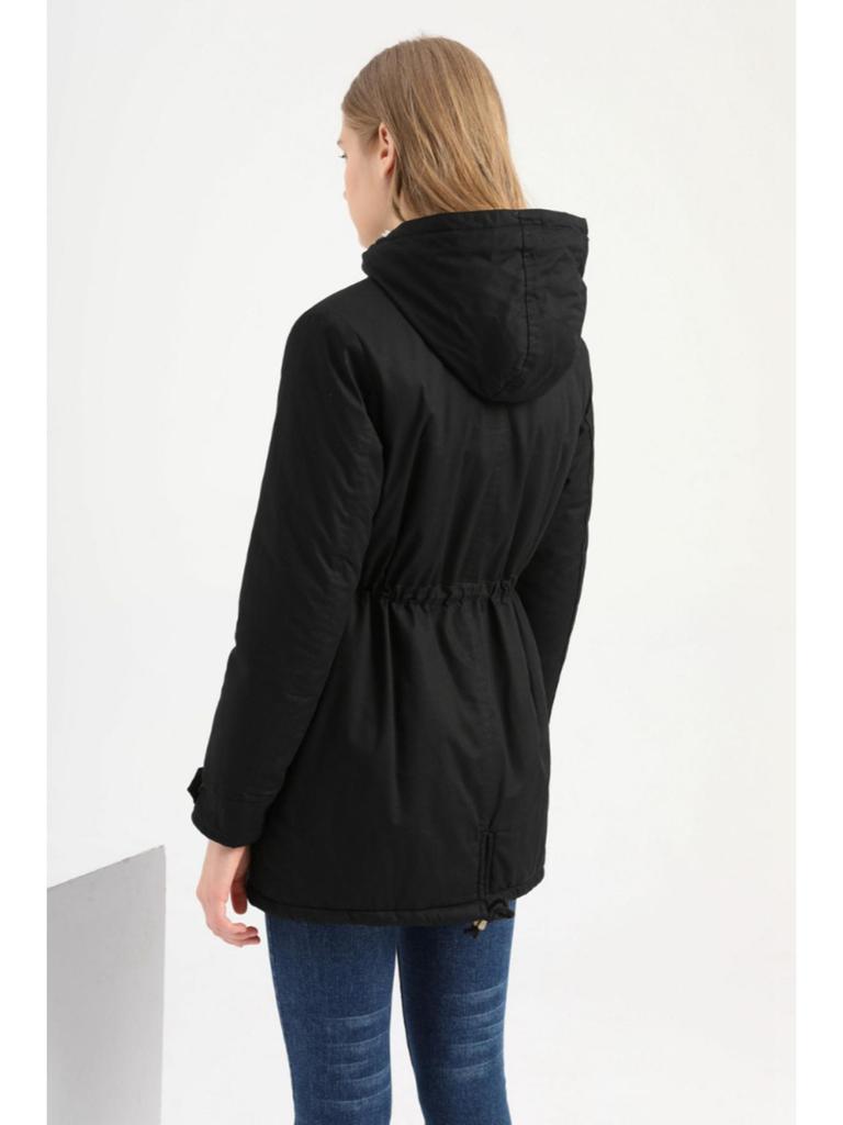 Manteau Parker à Col Capuche Coton Manteau Zippé Mi-Long Saison Hiver Manteau Chaud et Moelleux avec Veste en Coton
