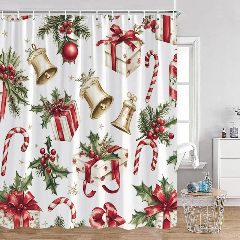 Pink Christmas Snowman Shower Curtains Winter Forest Watercolour Art Xmas New Year Home Bathroom Curtain Decoration With Hooks