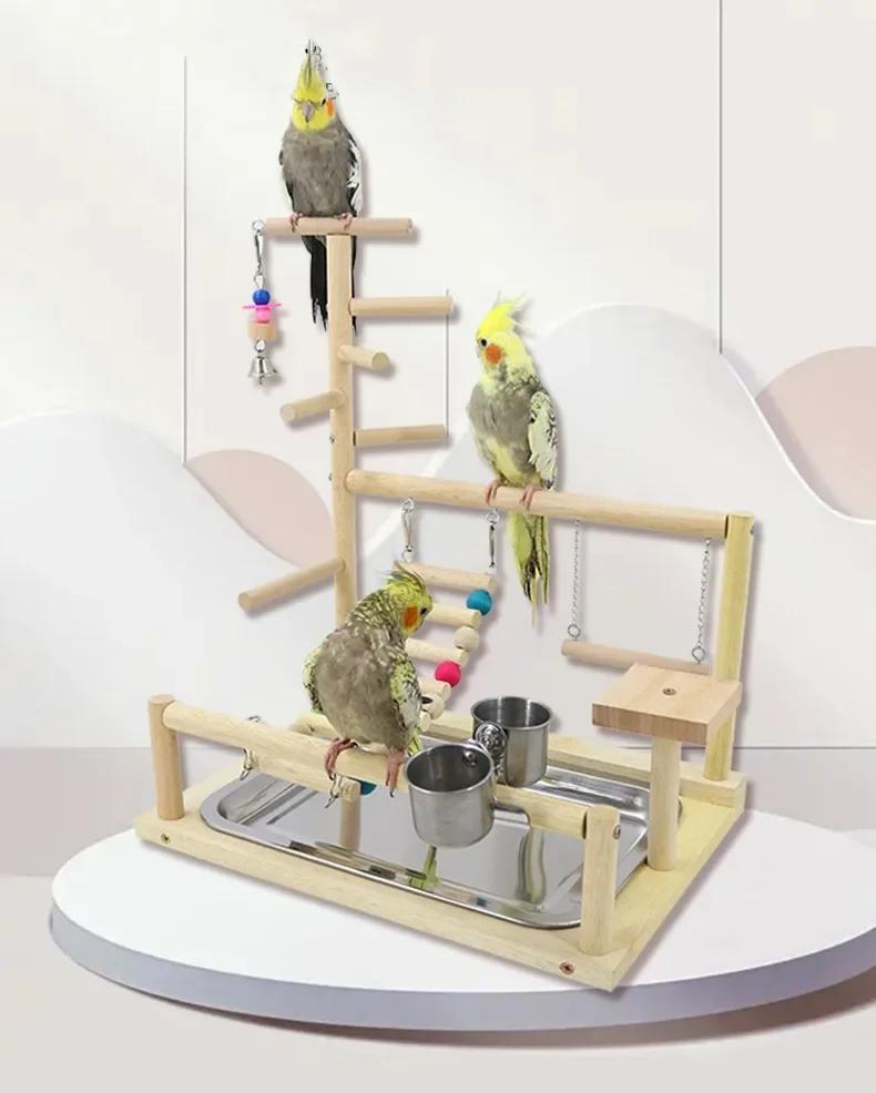Parrot Playstand Hračky pro ptáčky Hračky pro ptáky Stojan Korela Dětské hřiště Dřevěný bidélko Dětské hřiště Žebřík s kovovým krmným talířem Hračka
