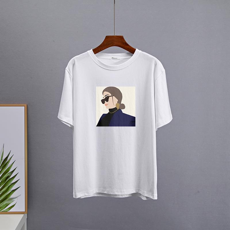 Hirsionsan Elegant Character Printed T Shirt Women Summer Chic Casual Tees Cotton Jumper Clothes Oversized Pullover Female Tops