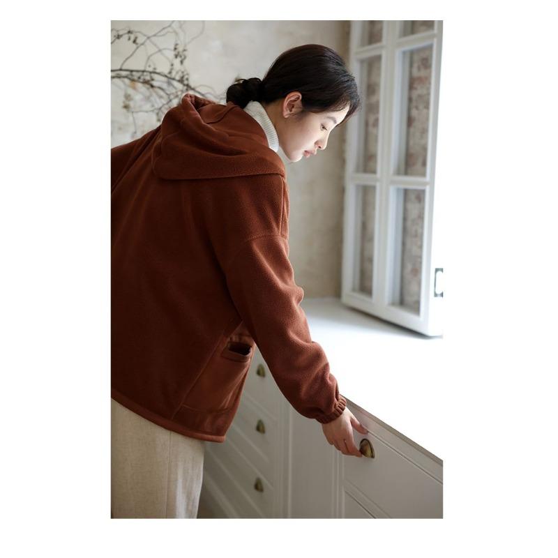 Damen Kapuzen-Fleecejacke Dünn gefüttert Locker geschnitten Einfarbig Lässig Koreanische Mode Frühling Herbst Sweatshirt