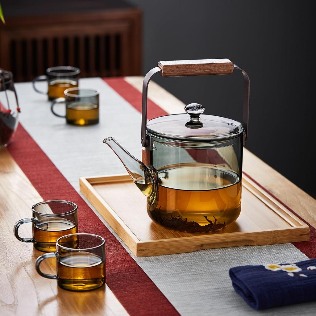 Pokaro Tea Glass Design with Wooden Transparent Teapot for Black Green Craft and Herbal Perfect for Hot Water and Gifts Heat-Resistant Teapot, 1100ml,