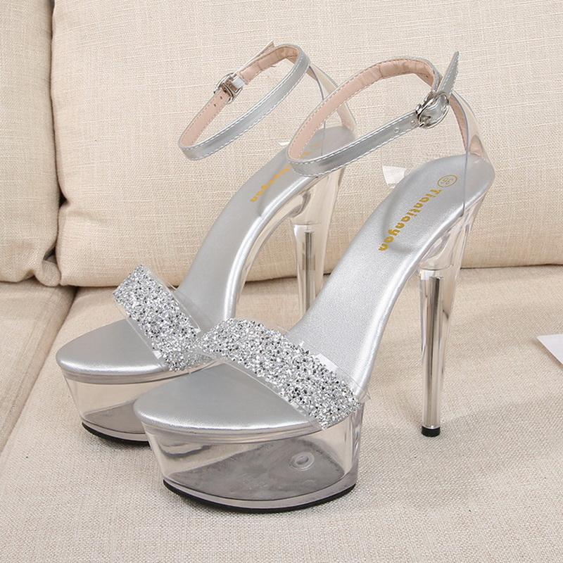 Lady Rhinestone High Thin Heel Sandals Women Ankle Strap Crystal Sandals for Office Nightclub Party Catwalk Show Pole Dance Pub