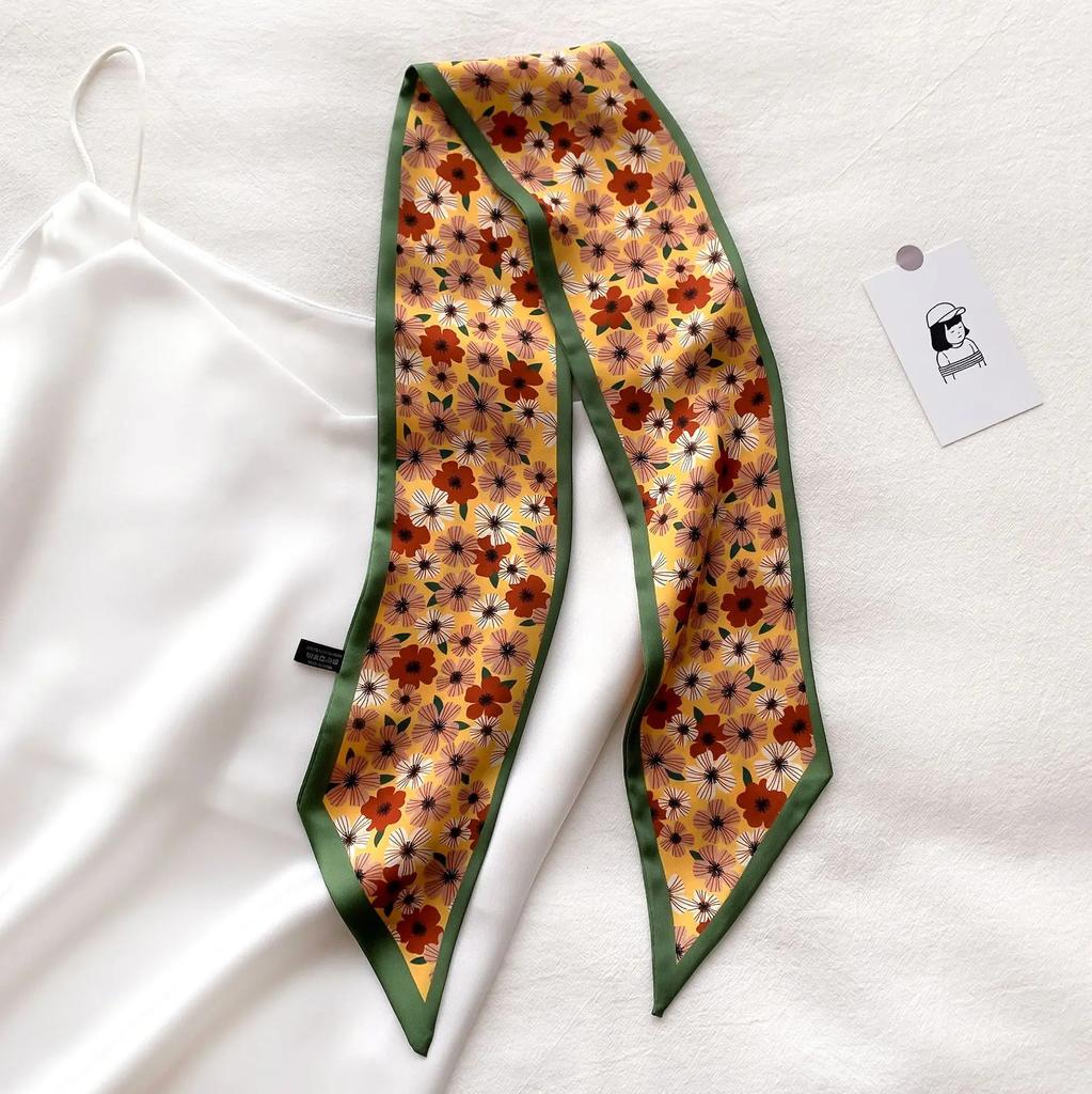 Summer Long Lady Bag Silk Scarf Floral Print Skinny Neck Hair Scarfs Women Band Headwear Handbag Tie Ribbons Handle Wraps Female