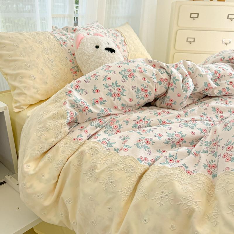 Ložní souprava ve stylu princezny Čtyřdílná sada Prodyšná Pohodlná Prané prostěradlo Přikrývka Povlak na polštář
