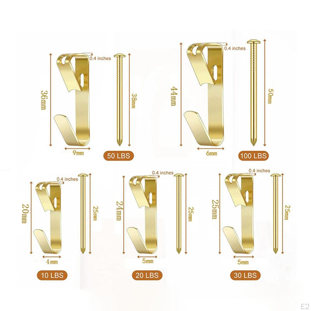 130x Picture Hangers Hanging Kit Iron with Steel Nails Heavy Duty Gold Art