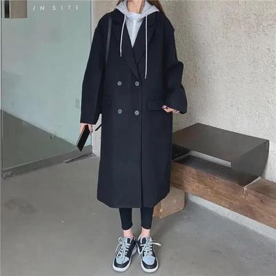 2024 Winter Thickened Woolen Coat: Korean-Style, Loose Fit, Mid-Length, Spliced, Hooded Design for Women