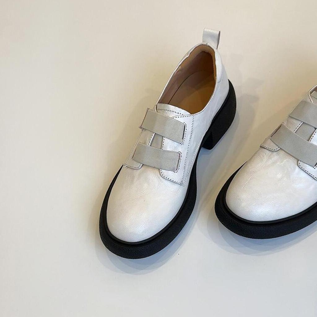 Sheepskin Version~ British Style Platform Velcro Loafers Women's One-pedal Leather Comfortable Thick Heel Silent Small Leather Shoes