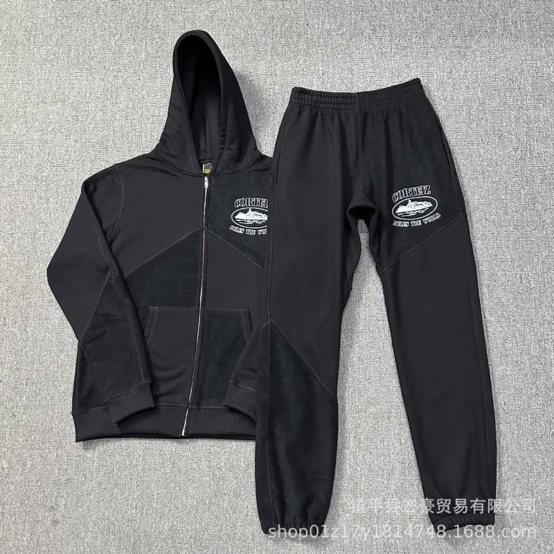 Mens Hooded Zip-Up Sweatshirt Loose Jogger Pants Set Cotton Casual Sportswear Outfit Daily Wear