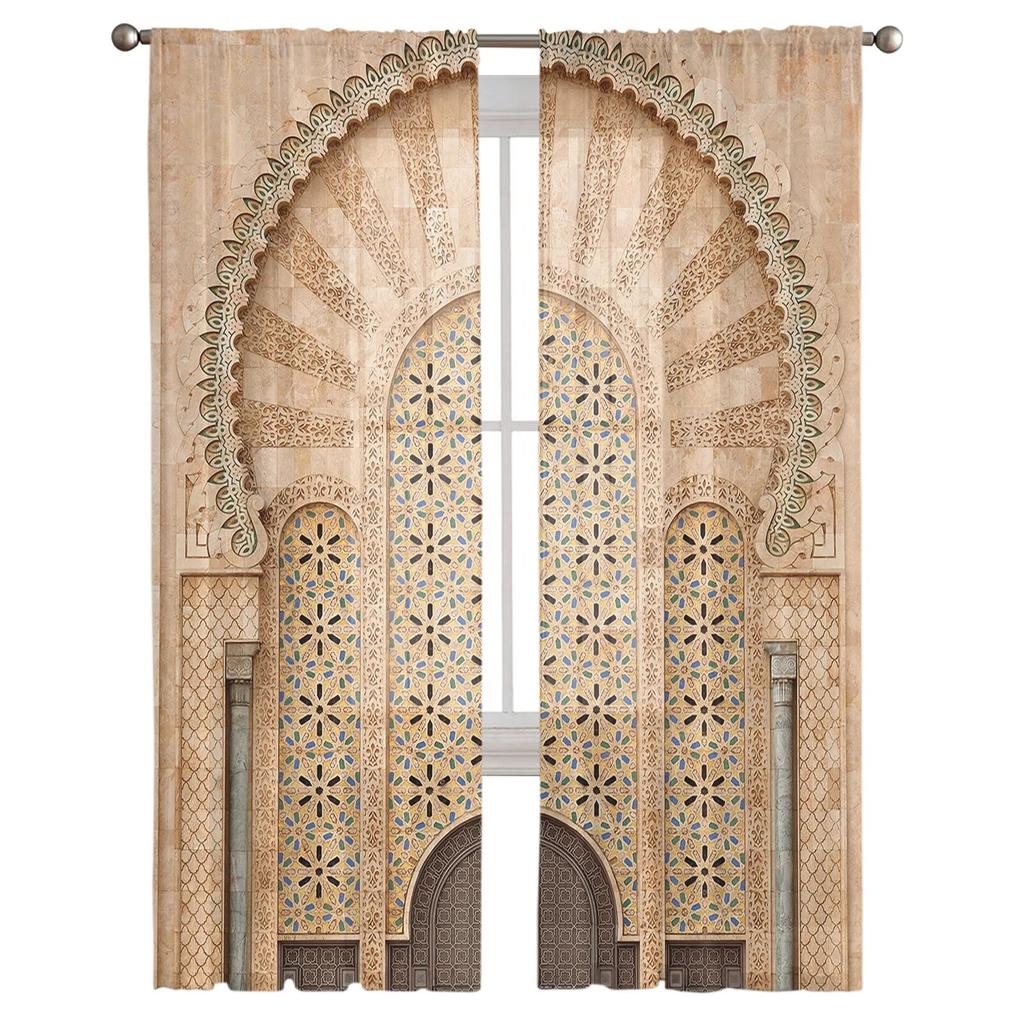 Yellow Wall Gate Morocco Chiffon Sheer Curtains For Living Room Home Decoration Window Voile Tulle Curtain Drapes