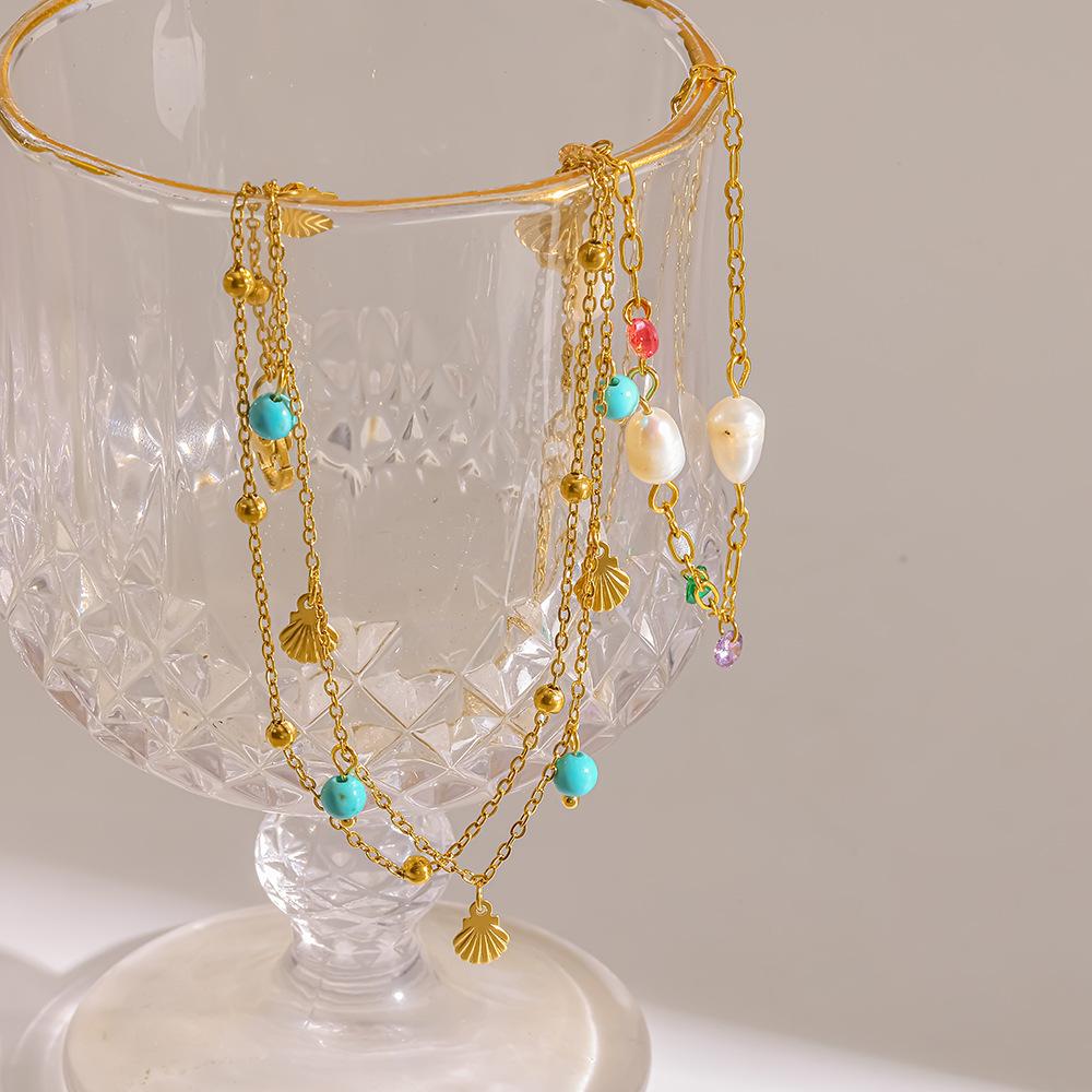 Stainless Steel Turquoise Pearl Shell Pendant Double Layer Gold Color Anklet for Women Bohemia Summer Beach Jewelry Accessory