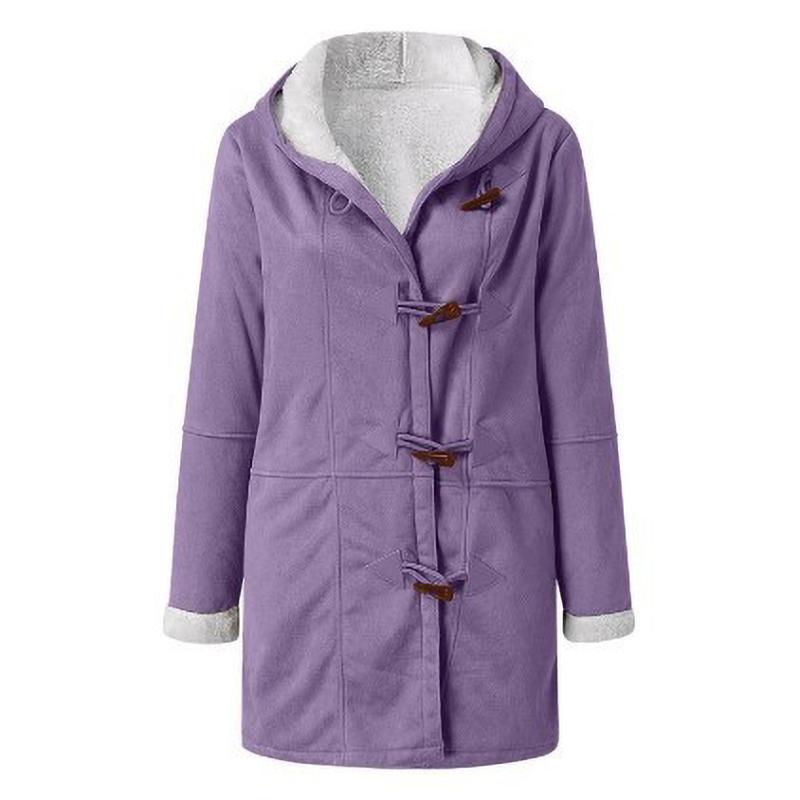 Coat Women's Jacket Cow Horn Buckle Pockets Fleece Lined Hooded Overcoat Outerwear Winter Women