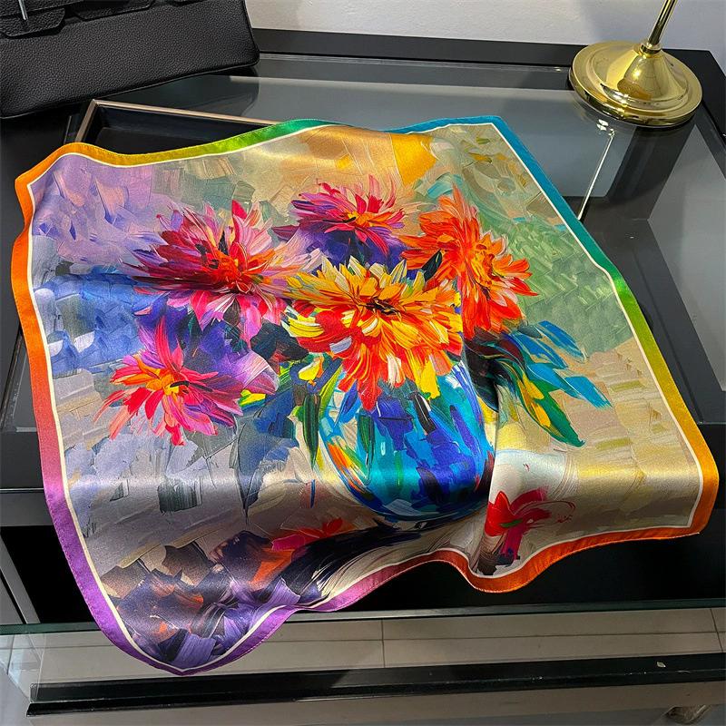 53cm Square Scarf 100% Pure Real Silk Scarves for Women Foulard Fashion 2025 Floral Brand Print Shawls Hijab Bandana Headband
