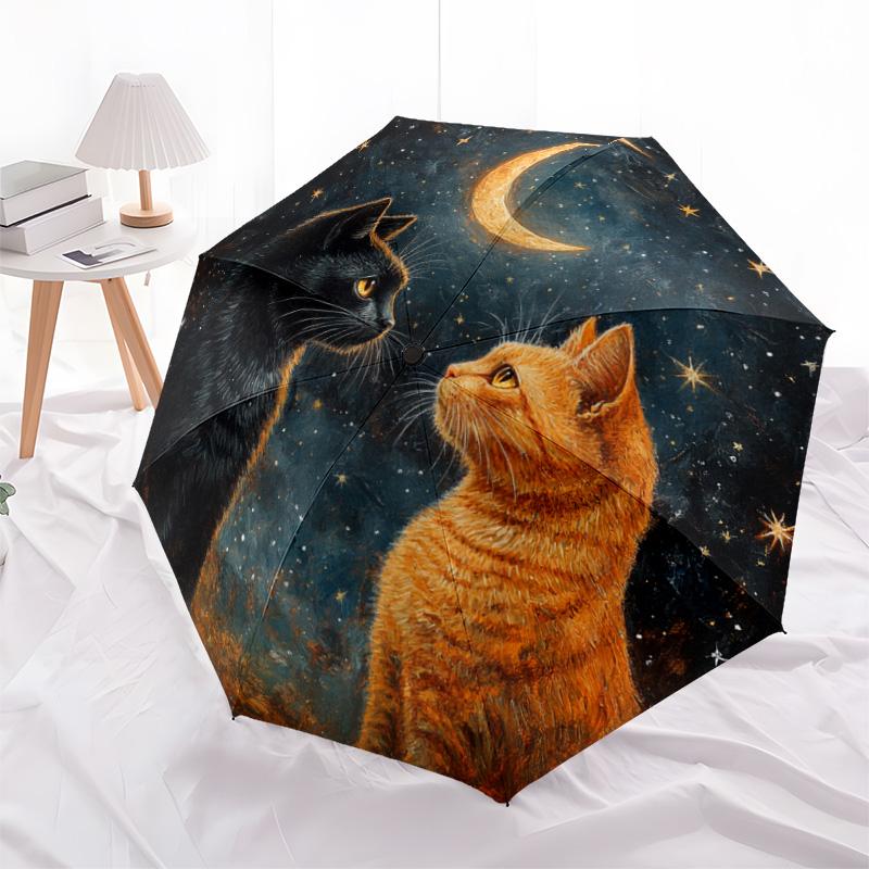 1 Stück Automatischer Faltregenschirm - Sternennacht Katzenmuster, Tragbares & Faltbares Design mit 8 Speichen, Weihnachts-Geburtstagsgeschenke