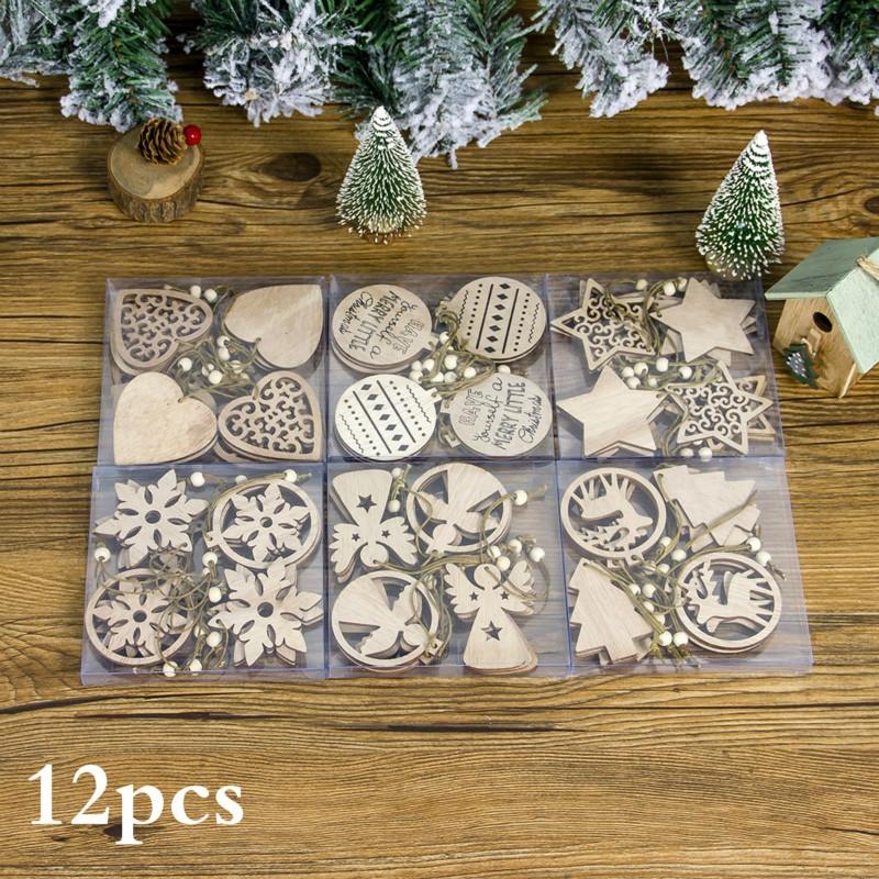 12pcs Christmas Wooden Hollow Hanging Ornament Christmas Tree Hanging Pendant Decor