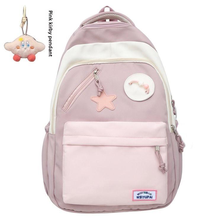 Blocked Cute Color Star Collage Student Backpack And Shoulder Bag With Pendant