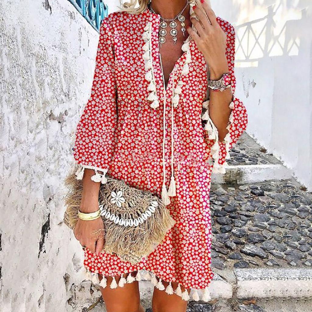 Women Three-quarter Sleeve Boho Floral Printed Dress Tassel V-neck  Dress