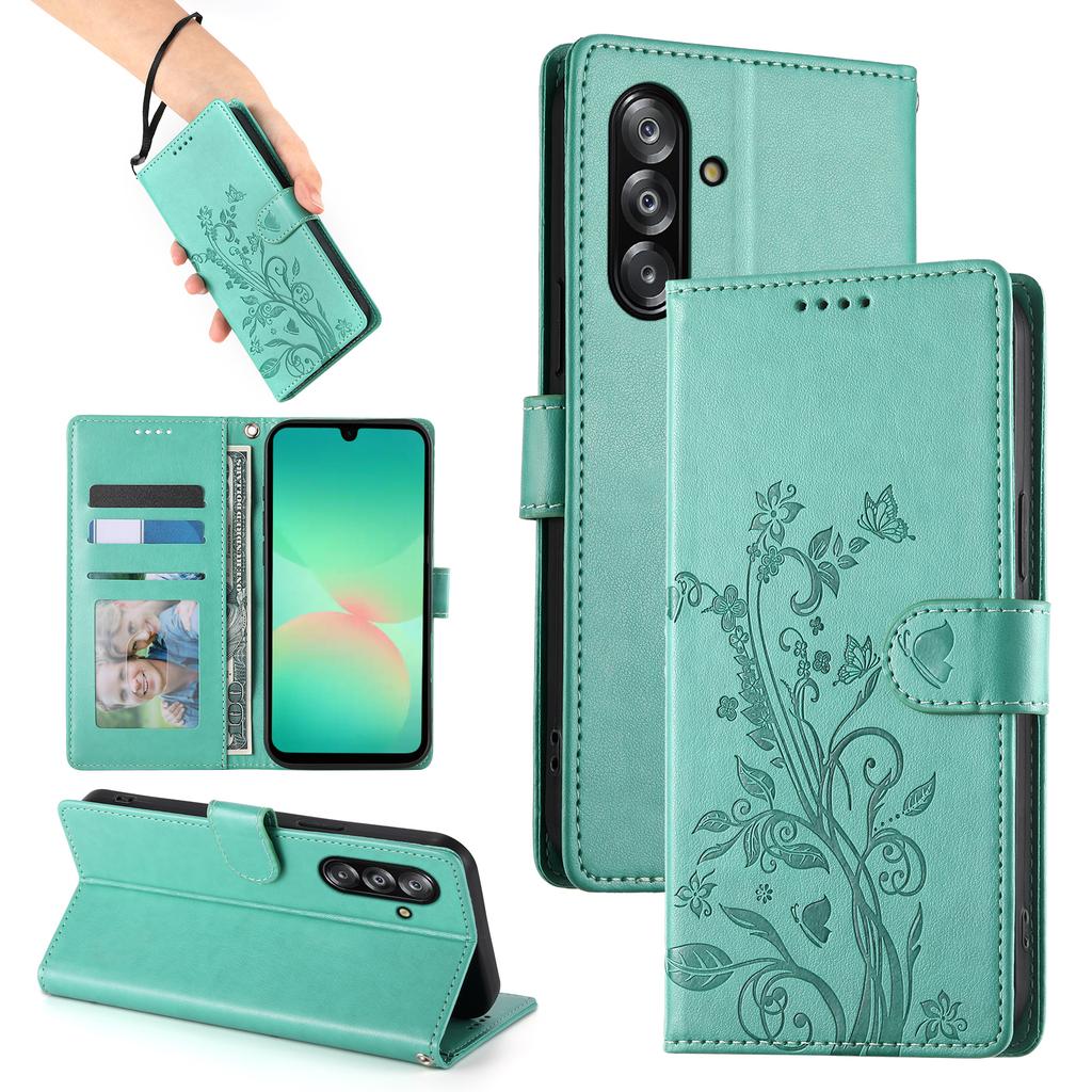For Samsung Galaxy A26 5G Wallet Case Butterfly Floral Imprint PU Leather Phone Cover with Wrist Strap
