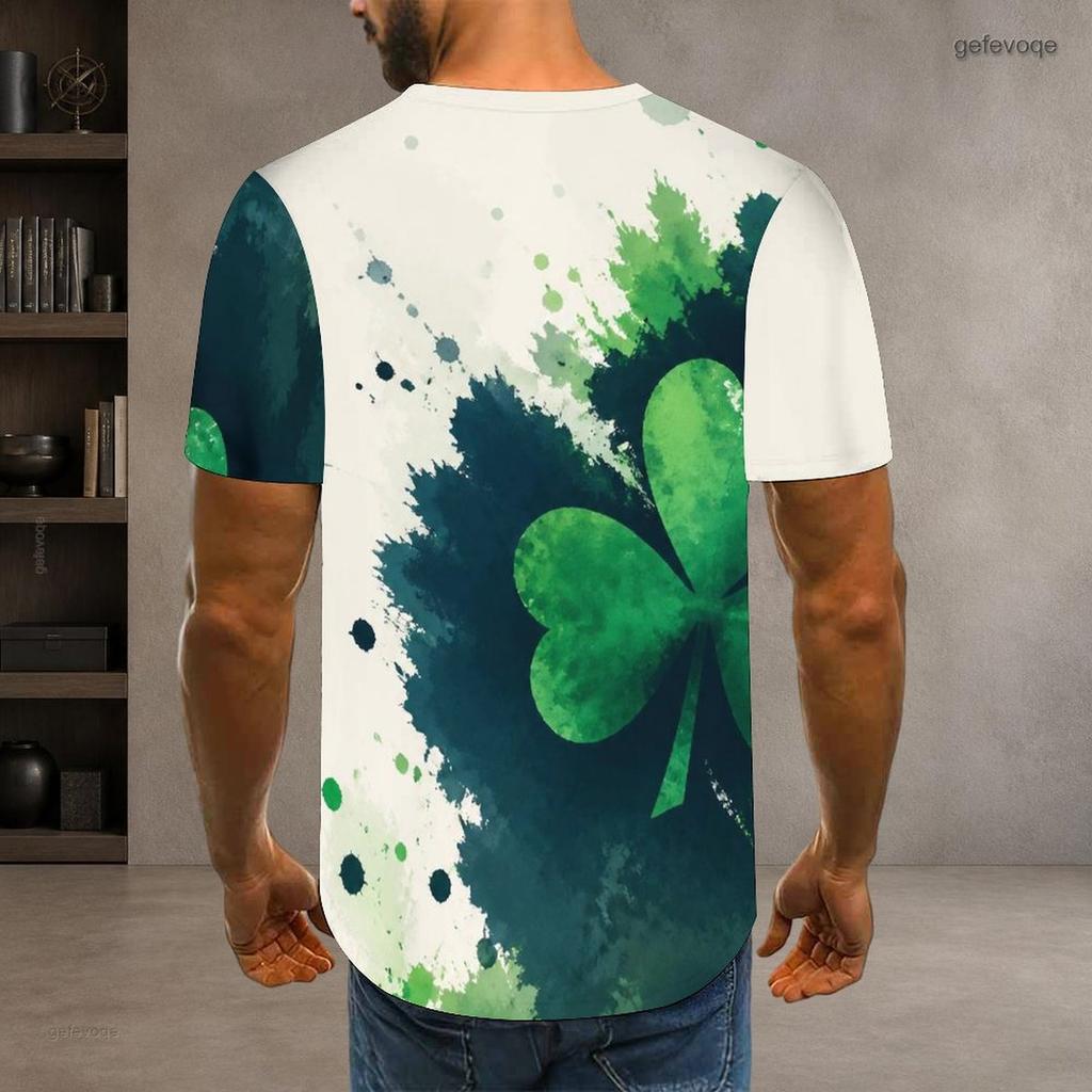 Men Plus Size Round Neck Short Sleeve Clover Printed T Shirt White Green Casual