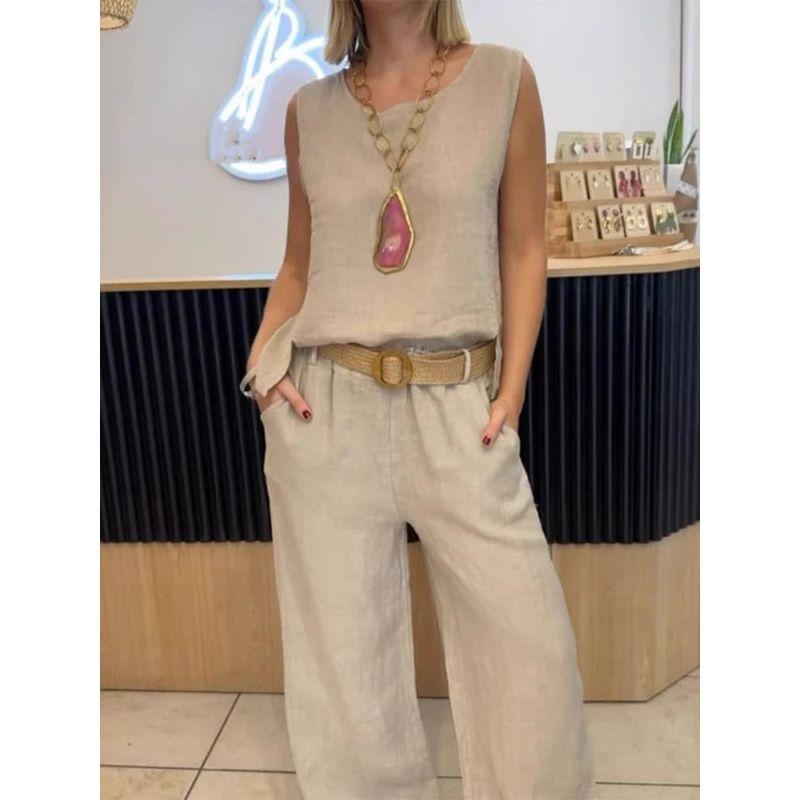 Solid-Color Sleeveless Long Pants Set Solid Sleeveless Vest Trousers Set Women