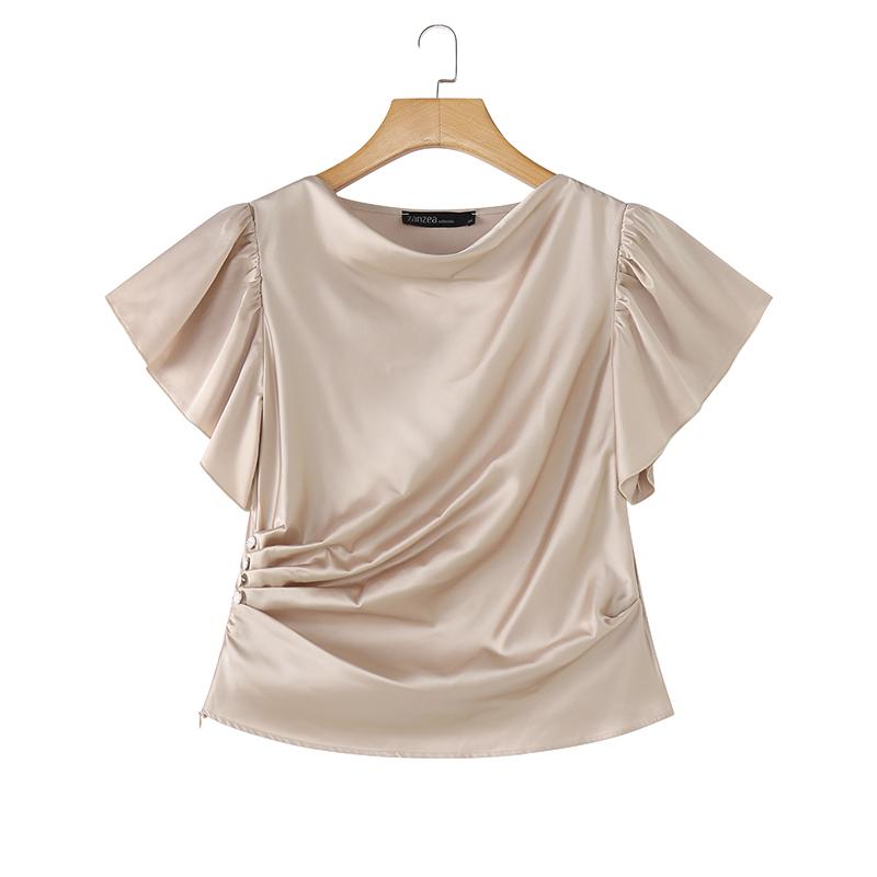 ZANZEA Women Casual Round Neck Loose Short Sleeve Satin Blouse S