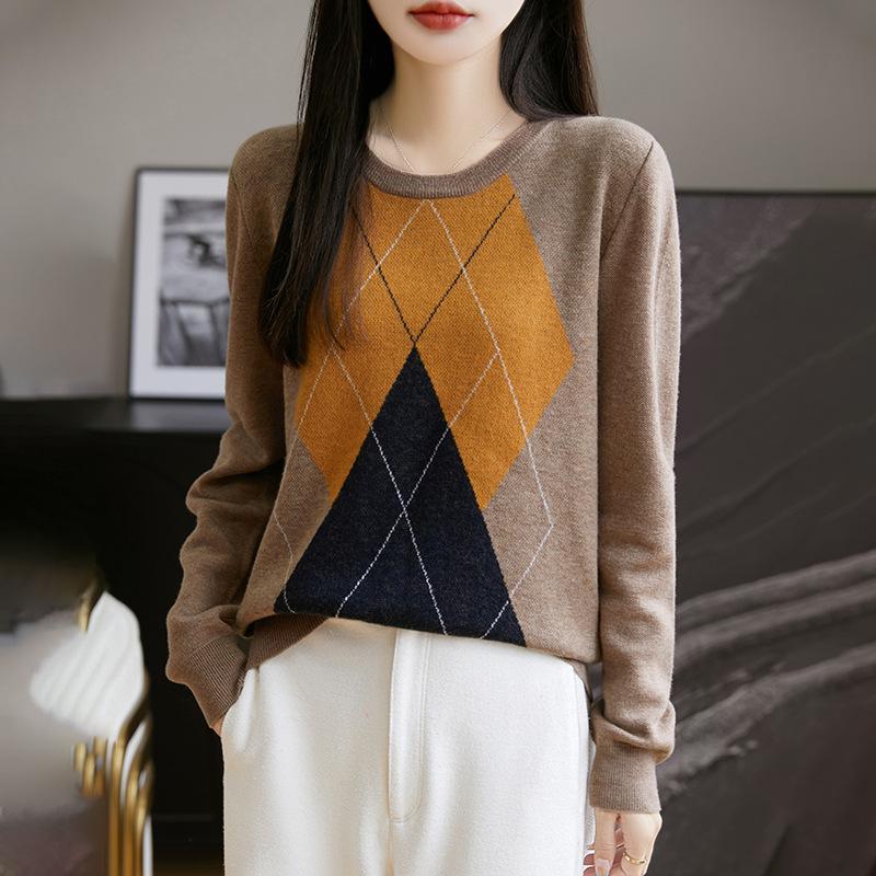Rhombus Crew Neck Sweater Wool Sweater Knitted Sweater Bottoming Shirt Women'S Autumn And Winter New Inner Top Wool Sweater
