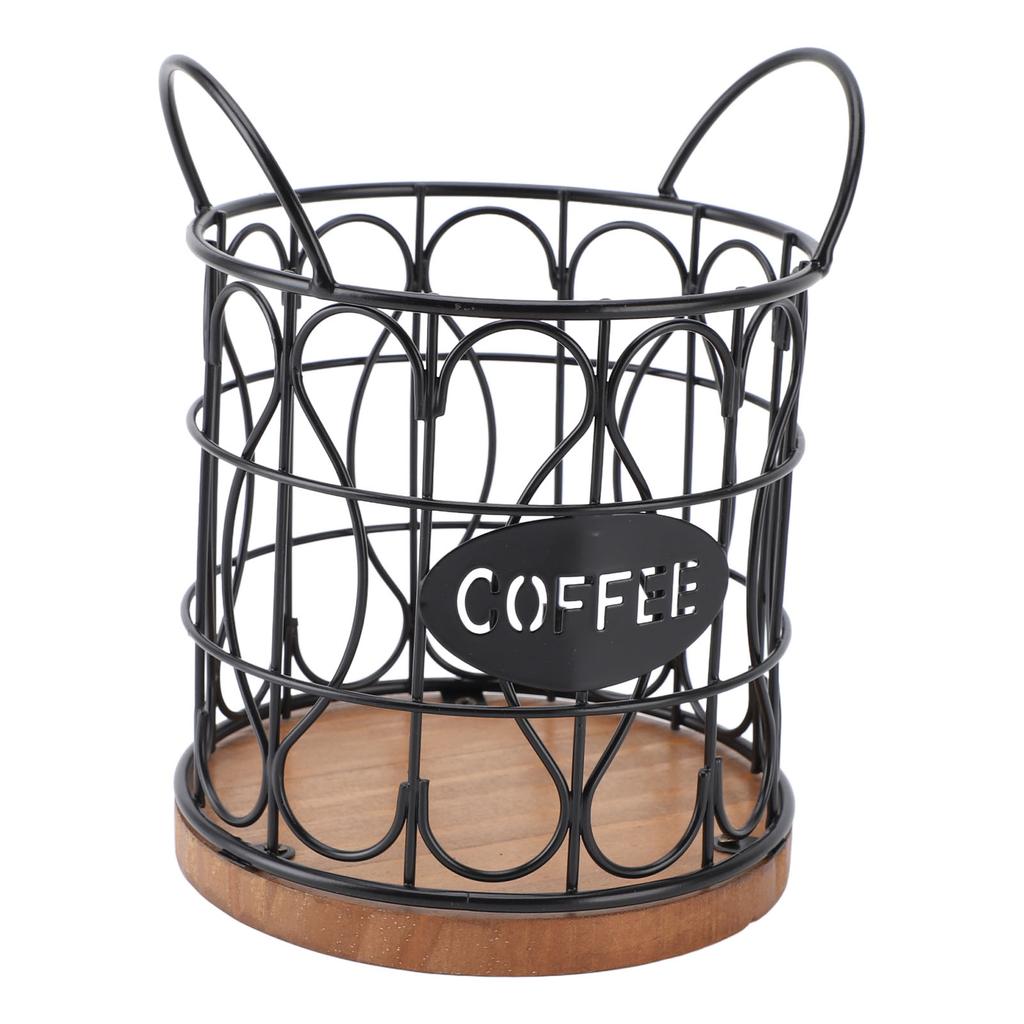 Coffee Pod Basket Decorative Round Wire Coffee Capsule Holder with Wooden Base for Cafe Kitchen Countertop