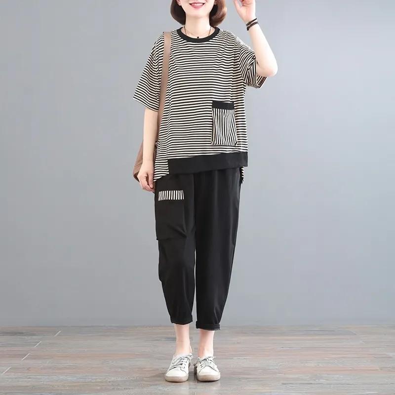 

Летний костюм из 2 предметов, женский, большой размер, хлопковая футболка, брюки, двухкомпонентный, удобный топ с короткими рукавами и длинные брюки, свободный повседневный костюм L чёрный