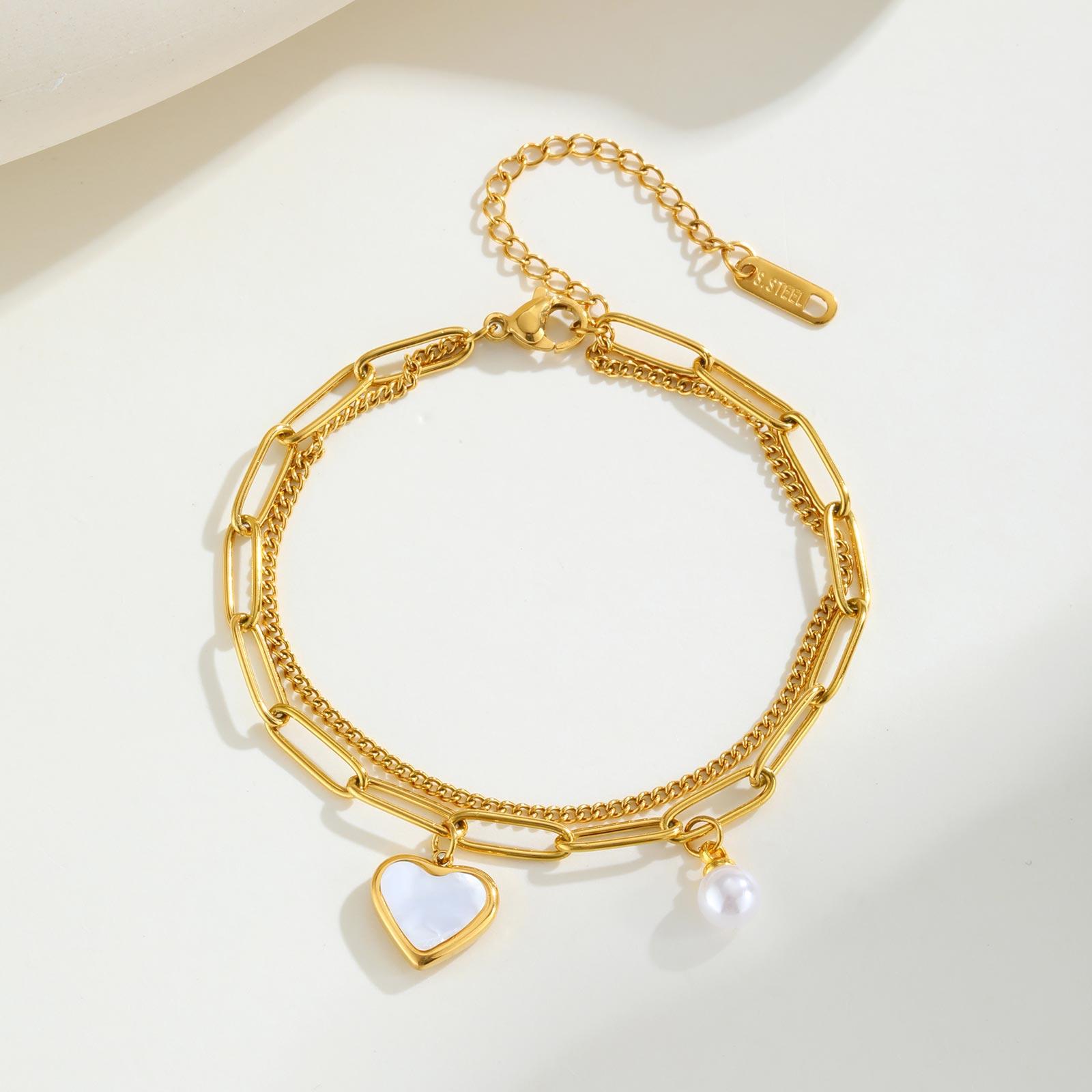 

Elegant Imitation Pearl Heart Bracelet for Women,Gold Color Double-layer Chain Bracelets,Stainless Steel Jewelry Gifts