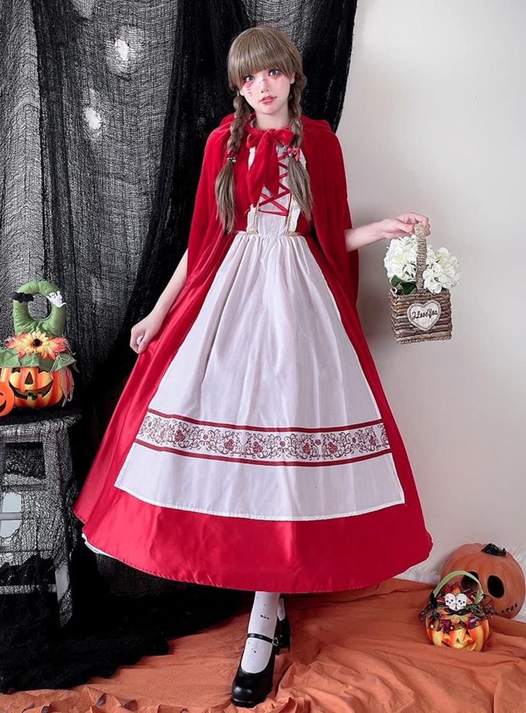 Longpen Lolita Dress, Little Red Riding Hood with Cape, Women's, Adult, Red, Alice, Halloween, Maid Outfit, Gothic, Cosplay, Romantic, Christmas, Part