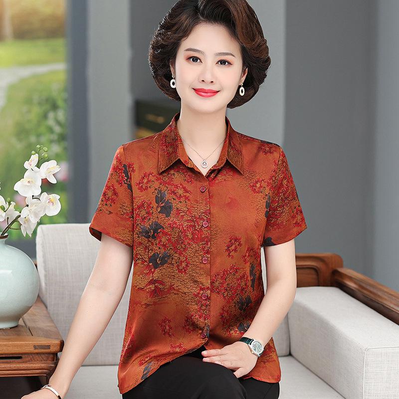 

Mom s Silk Printed Short-Sleeve Top for Middle-Aged and Elderly Women - Loose Mulberry Silk T-Shirt 2XL (110-120 jin) помаранчевий