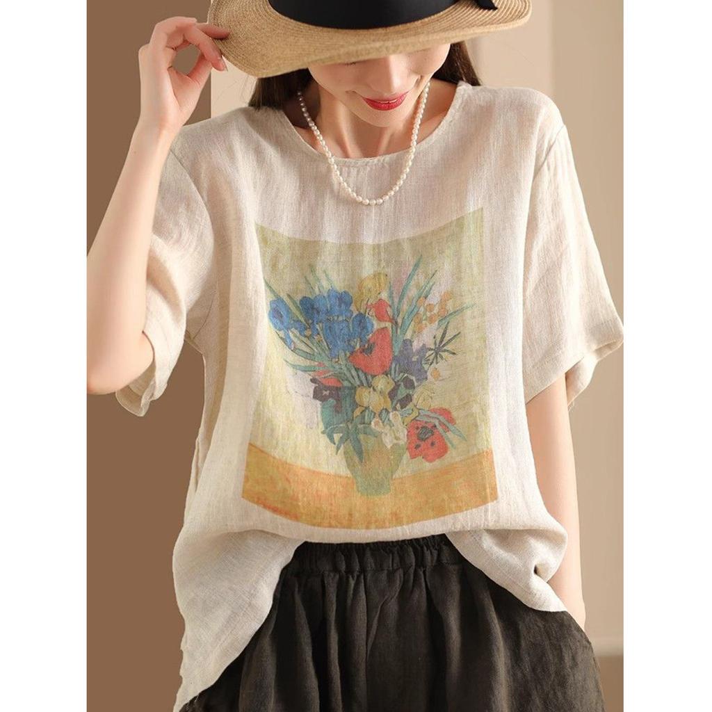 Temperament lässiges kurzärmeliges Oberteil für Pendler Sommer neu Baumwolle und Leinen bequem literarisch retro Rundhals-T-Shirt Damen