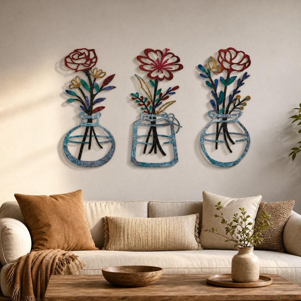 3 Pieces Metal Wall Art with Floral Arrangement Botanical Openwork