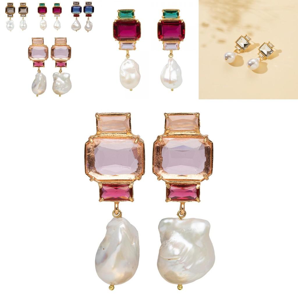 Chic European Style Square Rhinestone Stud Earrings With Designer Pearl Tassels