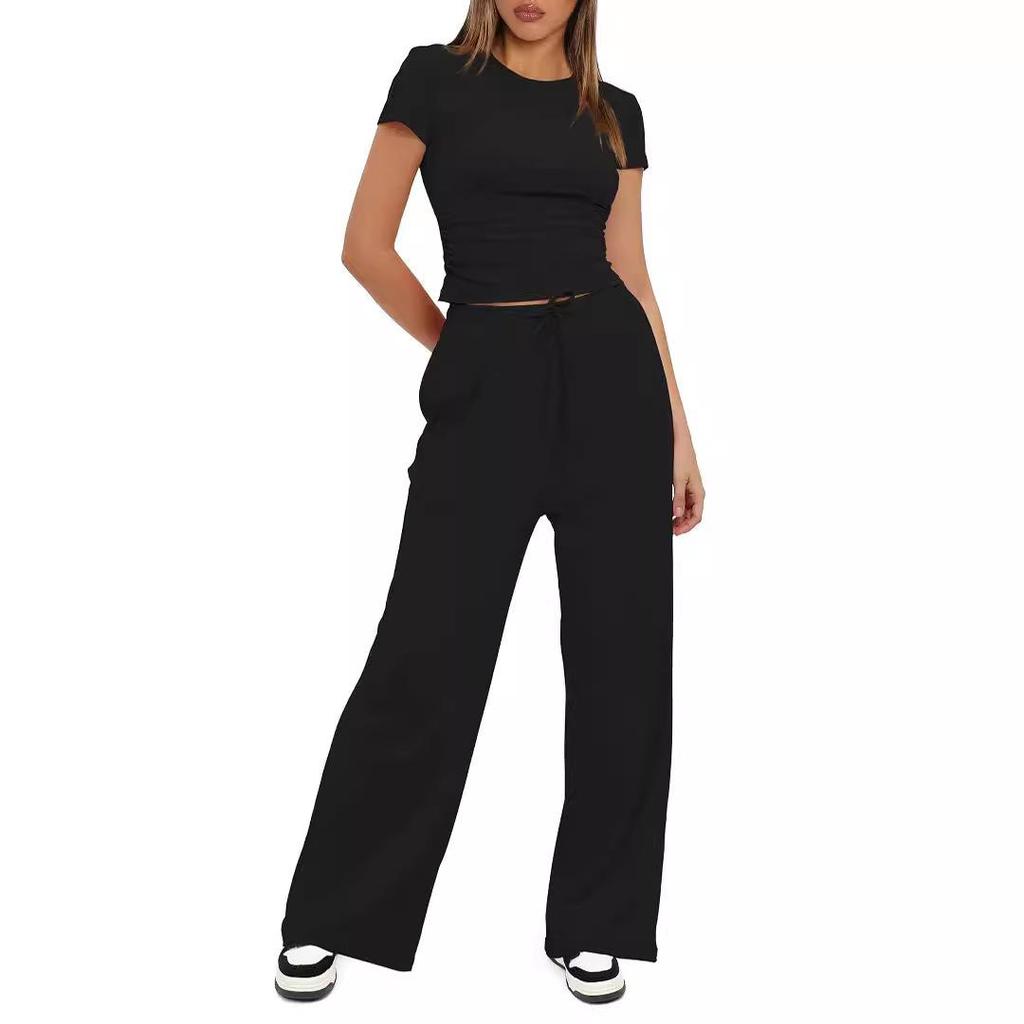 2024 Solid Color Casual Set: Ruffle Sleeve Top & High Waist Wide-Leg Pants Sportswear