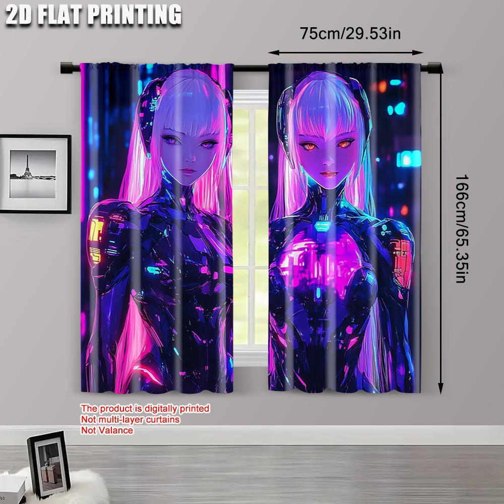 2pcs   Curtain Set 2D plane printing Vibrant Cyberpunk Anime Girl Durable 100% Polyester Fabric (without rod) Holiday Ldeal for
