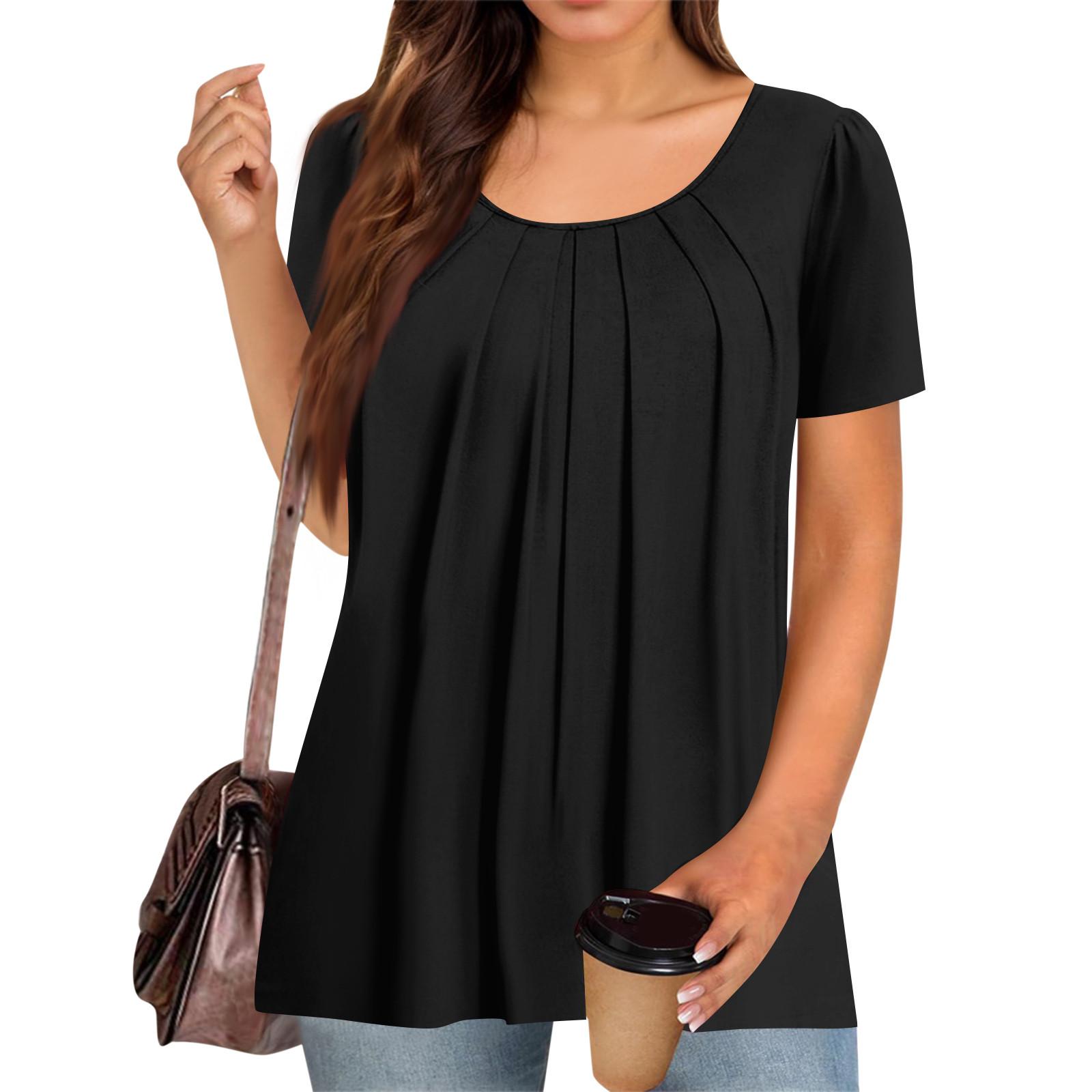 

Женская футболка с коротким рукавом, элегантная повседневная рубашка, весенне-летний наряд, струящиеся плиссированные топы с круглым вырезом спереди, летние топы L чёрный