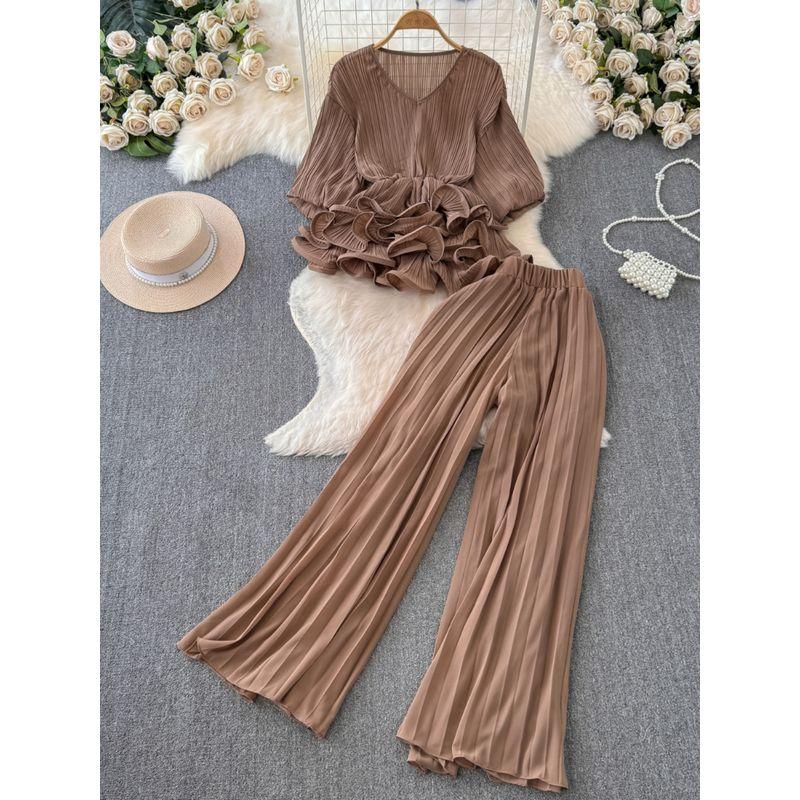 Fancy Adult Lady like Woman Women's Lightly Mature Waist Trimming Ruffles Ruched Puff Sleeve Top High Waist Wide Leg Suit