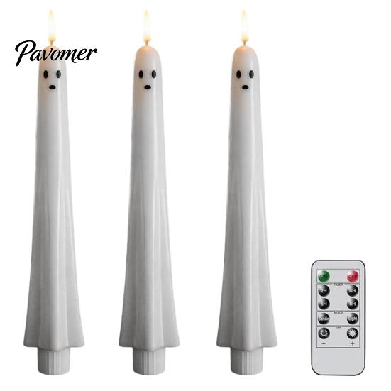 Halloween Ghost Candle Lights Flameless Taper Candles, Battery Operated Flickering Light with Real Wax Texture Candles Remote, 3D Wick LED for Dinner