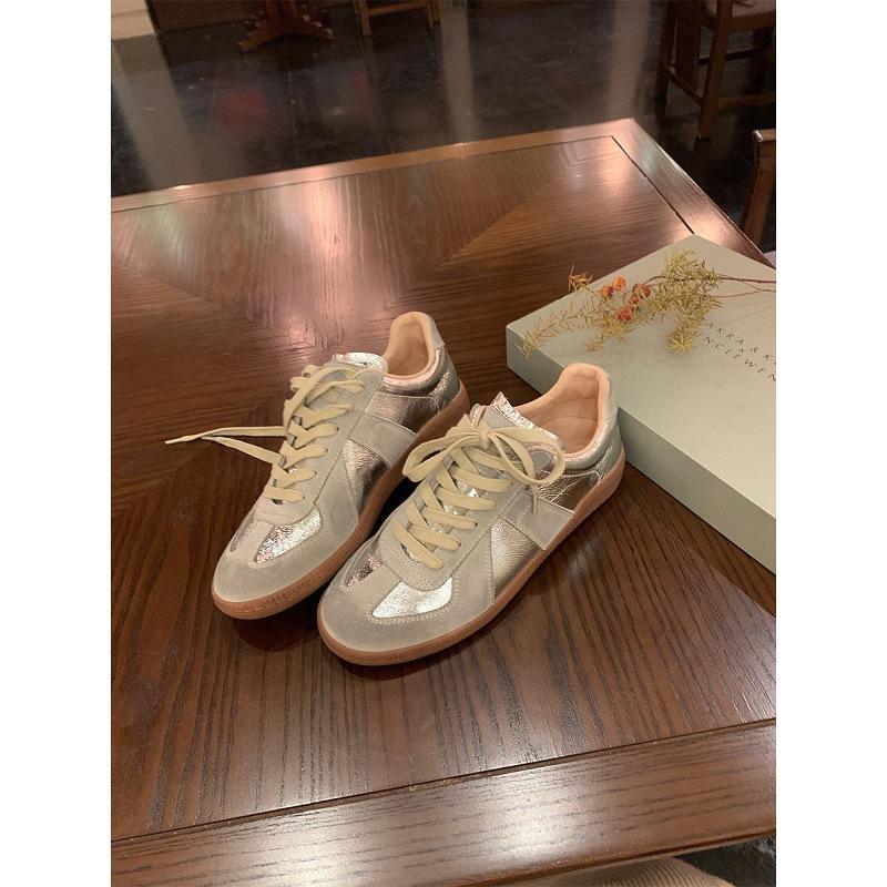 Cowhide version silver German training shoes women's Korean version leather color matching casual sports shoes versatile board shoes platform Forrest