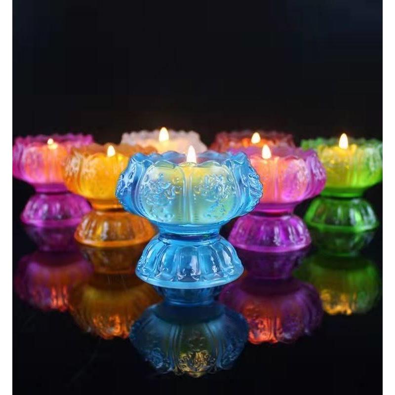 Colorful Lotus Ghee Lamp: Crystal Glass, Pure Copper Candle Holder for Buddhist Offerings