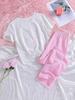 2 Pieces Girls Short Sets, Bow Graphic T-Shirt & Pink Gingham Wide Leg Pants Set for Kids Size 8-12 Years