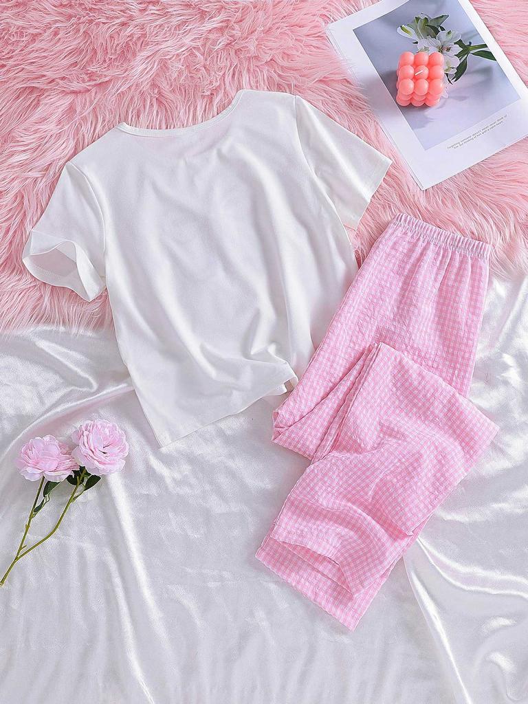 2 Pieces Girls Short Sets, Bow Graphic T-Shirt & Pink Gingham Wide Leg Pants Set for Kids Size 8-12 Years